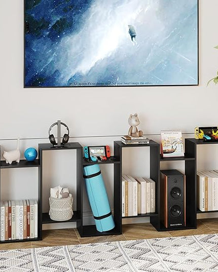 Yusong Bookshelf 6-Tier, Geometric Bookcase S Shaped Book Shelves for Bedroom, Modern Wood Decorative Display Shelf Tall Book Case for Home Office, Black - LeafyLoom