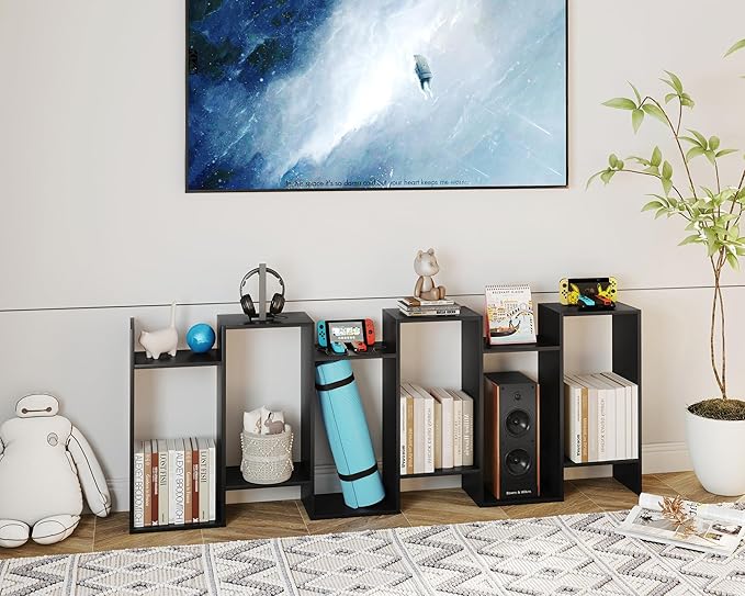 Yusong Bookshelf 6-Tier, Geometric Bookcase S Shaped Book Shelves for Bedroom, Modern Wood Decorative Display Shelf Tall Book Case for Home Office, Black - LeafyLoom