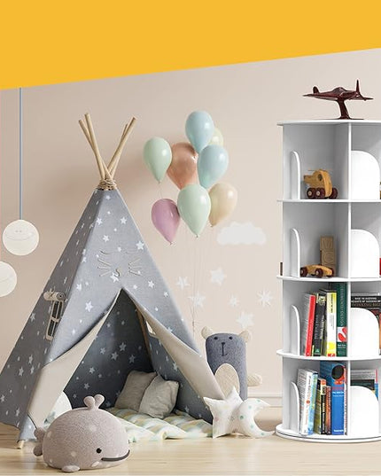 Rotating Bookshelf, Revolving Bookcase, Spinning Book Shelf, 4 Tier, 18.2” W x 50.6” H, White, Wood, 360 Degrees Bookshelves, Floor Stand, Rotation Display Tower, Stackable, Round, for Kids, Children - LeafyLoom