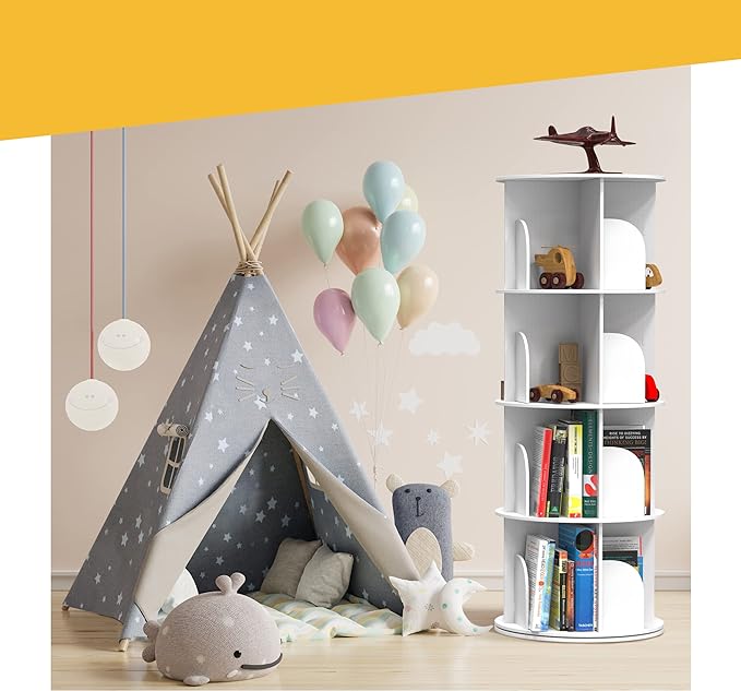 Rotating Bookshelf, Revolving Bookcase, Spinning Book Shelf, 4 Tier, 18.2” W x 50.6” H, White, Wood, 360 Degrees Bookshelves, Floor Stand, Rotation Display Tower, Stackable, Round, for Kids, Children - LeafyLoom