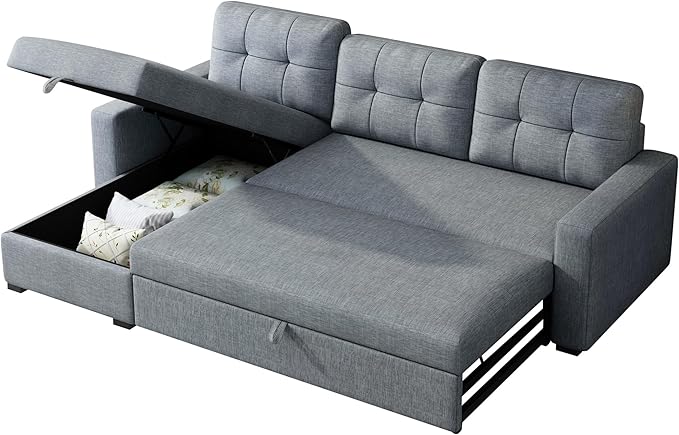 L-Shape Upholstered Sectional Sofa with Storage Chaise & Pull,Convertible Couch W/ 3 Back Cushions,Reversible Sleeper for Living Room Office Apartment, Grey, 81.5", Light Grey1 - LeafyLoom