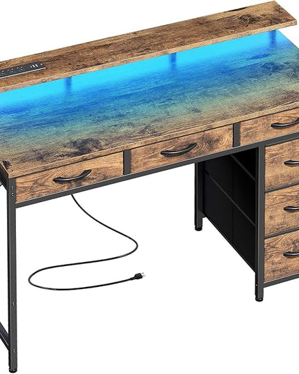 Gaming Desk with 6 Drawers, Computer Desk with LED Lights Power Outlets and Type-C, 39 Inch Office Desk with Storage, Monitor Stand, Writing Desk Work Desk Home Office, Study, Rustic Brown - LeafyLoom