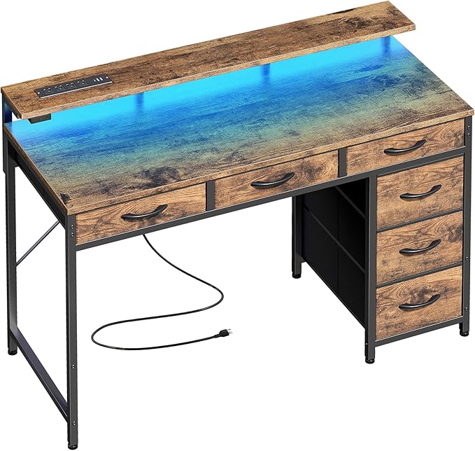 Gaming Desk with 6 Drawers, Computer Desk with LED Lights Power Outlets and Type-C, 39 Inch Office Desk with Storage, Monitor Stand, Writing Desk Work Desk Home Office, Study, Rustic Brown - LeafyLoom