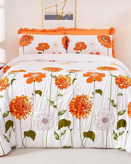 EVENHUG Twin Comforter Set 5 Pieces Reversible Twin Size Comforters for All Season Orange Sunflower Floral Bedding Sets Bed in a Bag with Flat Sheet and Fitted Sheet,Pillowcases & Shams - LeafyLoom