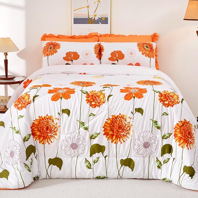 EVENHUG Twin Comforter Set 5 Pieces Reversible Twin Size Comforters for All Season Orange Sunflower Floral Bedding Sets Bed in a Bag with Flat Sheet and Fitted Sheet,Pillowcases & Shams - LeafyLoom
