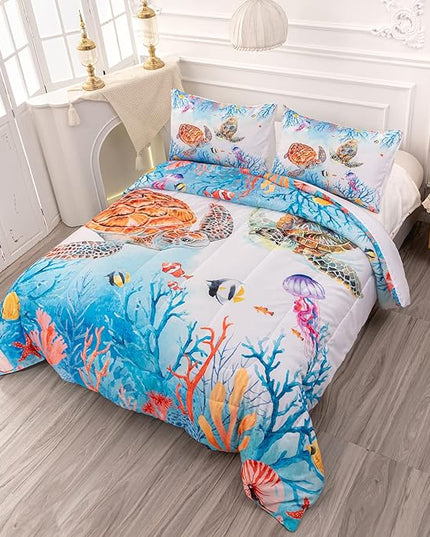 CVHOUSE Sea Turtle Comforter Set,Ocean Watercolor Sea Turtle Bedding Set for Kids Teens,Ocean Sea Turtle Comforter Sea Turtle Duvet Set Room Decor Quilt Set Twin Size - LeafyLoom