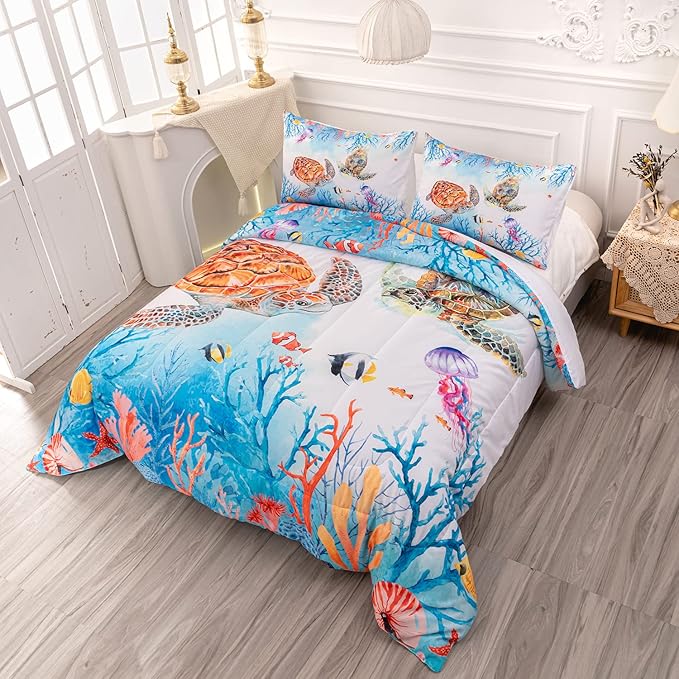 CVHOUSE Sea Turtle Comforter Set,Ocean Watercolor Sea Turtle Bedding Set for Kids Teens,Ocean Sea Turtle Comforter Sea Turtle Duvet Set Room Decor Quilt Set Full Size - LeafyLoom