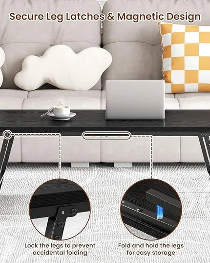 Folding Coffee Table, Leg Latches Portable Sturdy Floor Table Desk for Sitting on The Floor, No Assembly Low Coffee Table for Living Room, Home, Office, Black, 41.34L×21.65W×15.75H - LeafyLoom