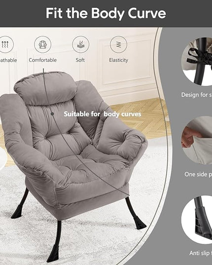 Fabric Lazy Chair Large Accent Chair,Velvet Frabic Modern Lounge Reading Chair with Armrests & Side Pocket,Upholstered Armchair for Living Room,Bedroom,Dorm,Light Grey - LeafyLoom