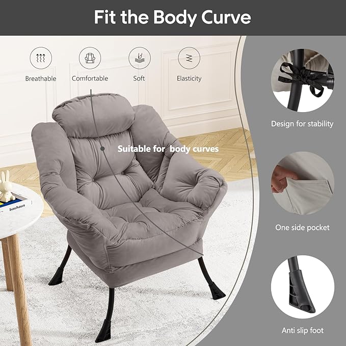 Fabric Lazy Chair Large Accent Chair,Velvet Frabic Modern Lounge Reading Chair with Armrests & Side Pocket,Upholstered Armchair for Living Room,Bedroom,Dorm,Light Grey - LeafyLoom