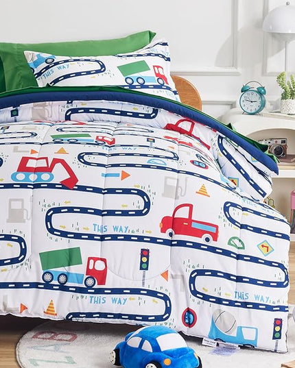 SLEEP ZONE Kids Bedding Comforter Set Full/Queen Size - Super Cute & Soft Kids Bedding 7 Pieces Set with Comforter, Sheet, Pillowcase & Sham (Road Trip, Full/Queen) - LeafyLoom