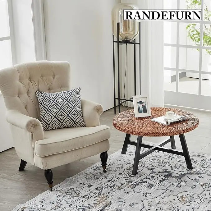 Round Coffee Table, Seagrass Coffee Solid Pine Wood X Base Frame Cocktail Table, Easy Assembled, Multiple Sizes for Living Room, 32 x 17 Inches,Gold - LeafyLoom