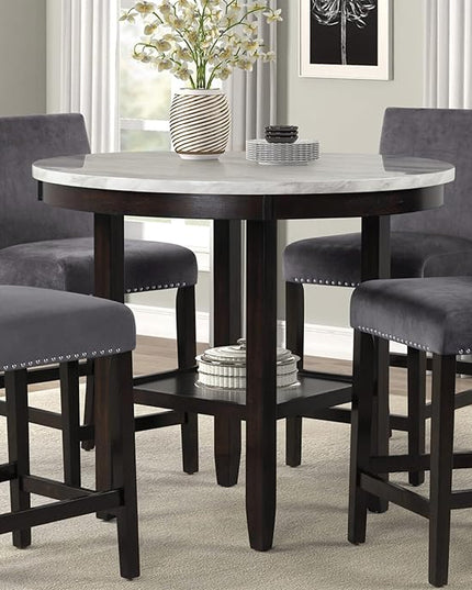 New Classic Furniture Celeste 5-Piece Faux Marble Round Counter Set with 1 Table and 4 Chairs, 42-Inch, Black - LeafyLoom