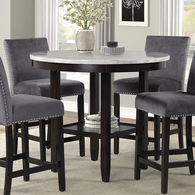 New Classic Furniture Celeste 5-Piece Faux Marble Round Counter Set with 1 Table and 4 Chairs, 42-Inch, Black - LeafyLoom