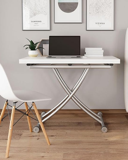 Multifunctional Folding Dining Table, Versatile Lift Top Coffee Table Convertible to Dining Table Height Adjustable Wooden Dinner Table with Metal legs Space Saving White - LeafyLoom
