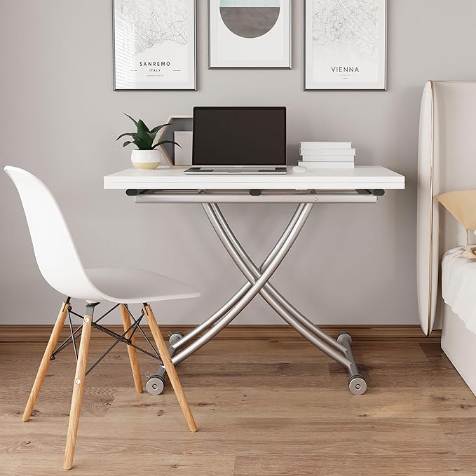 Multifunctional Folding Dining Table, Versatile Lift Top Coffee Table Convertible to Dining Table Height Adjustable Wooden Dinner Table with Metal legs Space Saving White - LeafyLoom