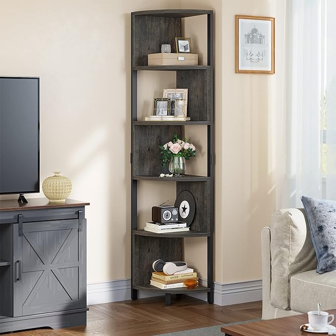 YITAHOME 6-Tier Corner Shelf, 68.8" Tall Industrial Free Standing Corner Bookshelf, 6 Shelf Display Corner Bookcase Open Small Book Shelves for Bedroom, Living Room, Small Space, Charcoal Gray + Black - LeafyLoom