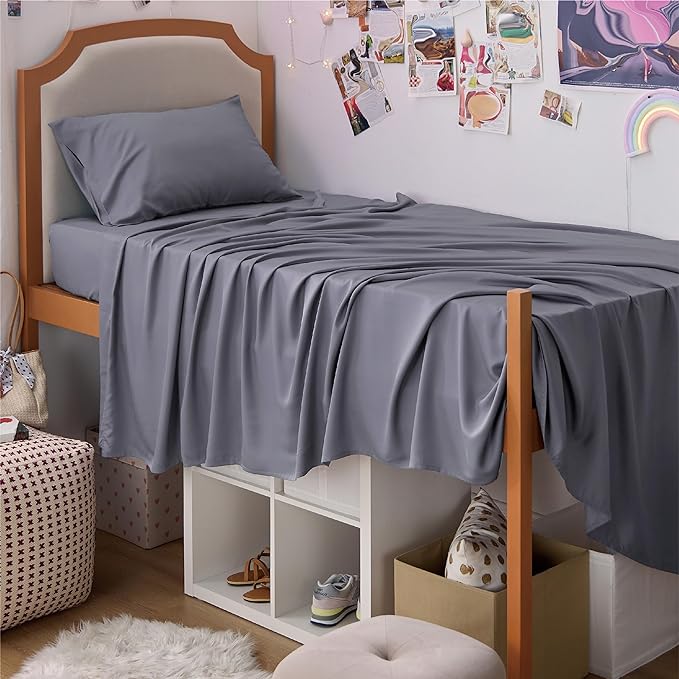 Bedsure Twin XL Sheet Set Dorm Bedding, Cooling Sheets Twin Extra Long Sheets, Rayon Derived from Bamboo, Deep Pocket Up to 16", Hotel Luxury Silky Bedding Sheets & Pillowcases, Dark Grey - LeafyLoom