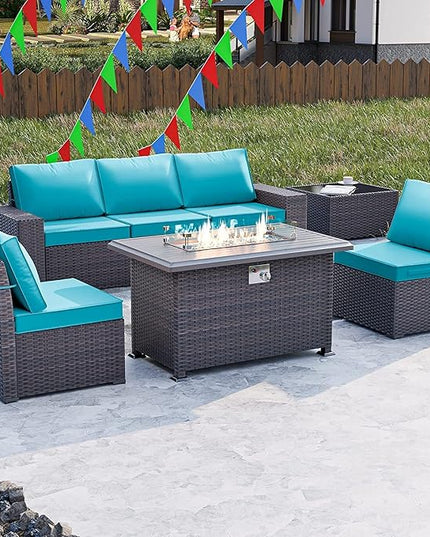 Kullavik 7 Pieces Outdoor Patio Furniture Set with 43" 55000BTU Gas Propane Fire Pit Table PE Wicker Rattan Sectional Sofa Patio Conversation Sets,Green Blue - LeafyLoom