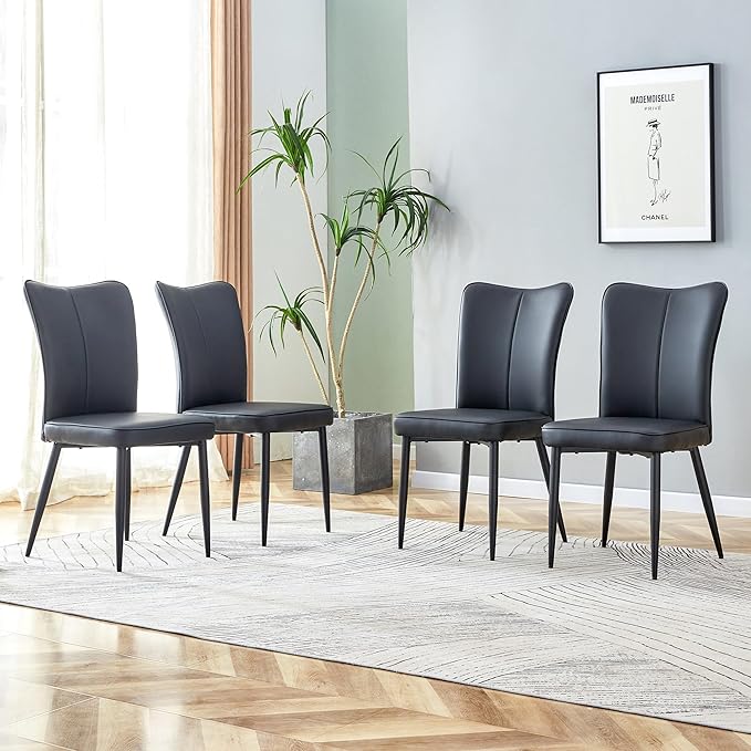 Modern Dining Chairs Set of 4, PU Leather Seat Cushions Black Dining Room Chair, with Black Metal Legs Kitchen Chair for Home Living Room, Restaurant, Black Chair Black Legs - LeafyLoom