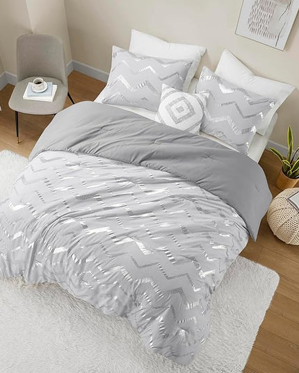 Codi Grey Queen Comforter Set, Silver Print Bedding Sets for Queen Size Bed - 4 Piece includes 1 Queen/Full Comforter with 1 Decorative Pillow and 2 Pillow Cases - All Season Warm - LeafyLoom
