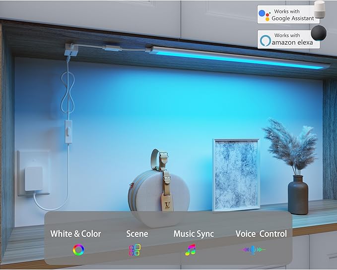 Smart Under Cabinet Lights, LED Light Bar, White & RGB Multi Color Changing Counter Lighting. Alexa Google App Controlled Lamp for Kitchen ,Shelf, Bookcase, above Sink, Desk (1-Bar 20 Inch Kit) LAMPAOUS