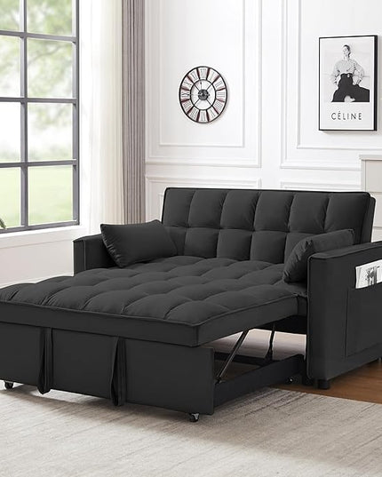 55" 3 in 1 Convertible Loveseat Futon Sofa Couch of Mordern Velvet w/Pullout Bed, Small Love Seat Lounge Sleeper w/Reclining Backrest, Toss Pillows, Pockets, Furniture for Living Room Bed - LeafyLoom