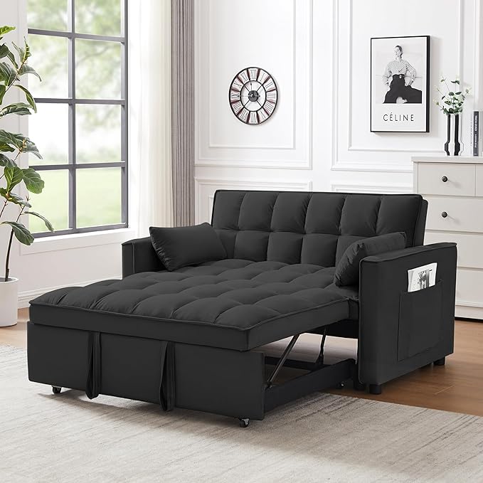 55" 3 in 1 Convertible Loveseat Futon Sofa Couch of Mordern Velvet w/Pullout Bed, Small Love Seat Lounge Sleeper w/Reclining Backrest, Toss Pillows, Pockets, Furniture for Living Room Bed - LeafyLoom