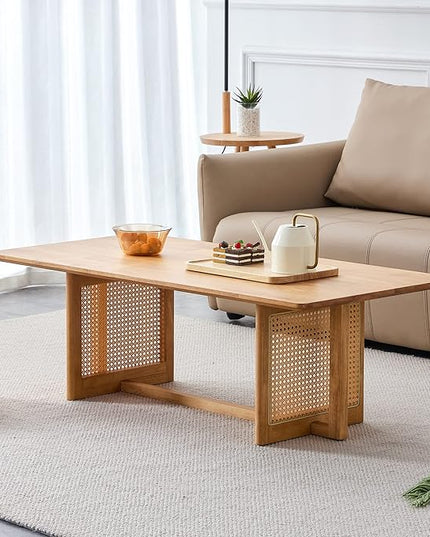 Rattan Coffee Table Rectangular Solid Wood Coffee Table with Cross Table Legs for Living Room Furniture - LeafyLoom