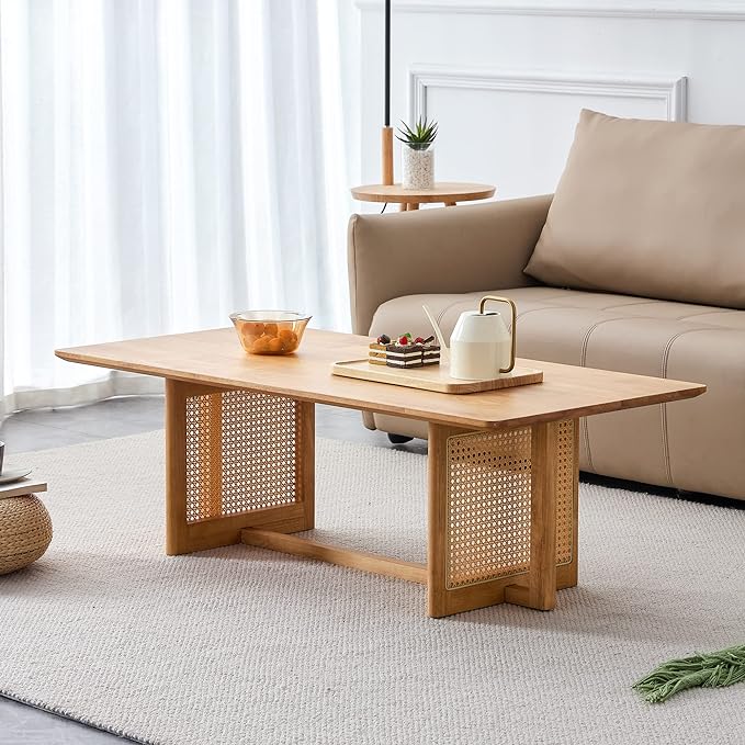 Rattan Coffee Table Rectangular Solid Wood Coffee Table with Cross Table Legs for Living Room Furniture - LeafyLoom