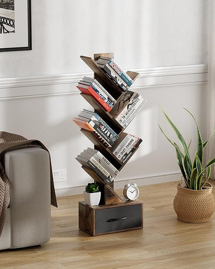 Egepon 6-tier Tree Bookshelf with Drawer Rustic Brown Book Shelf Storage Rack Floor Standing Bookcase for CDs Movies Books Multifunctional Organizer Shelves for Home Office Living Room Bedroom - LeafyLoom