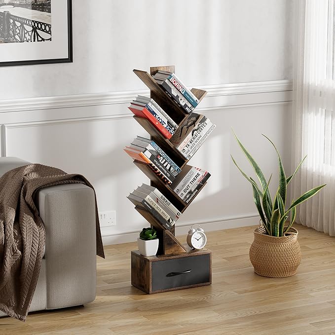 Egepon 6-tier Tree Bookshelf with Drawer Rustic Brown Book Shelf Storage Rack Floor Standing Bookcase for CDs Movies Books Multifunctional Organizer Shelves for Home Office Living Room Bedroom - LeafyLoom