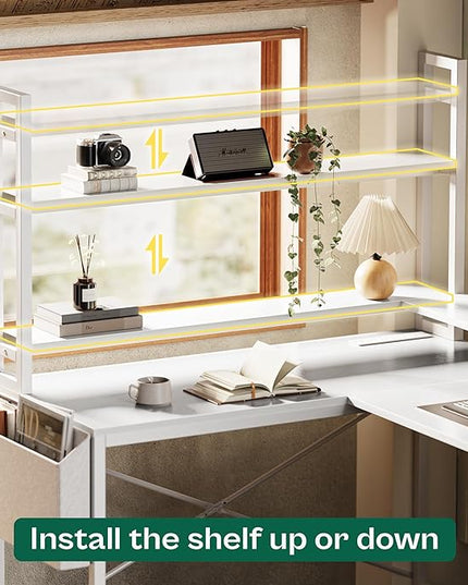 L Shaped Desk Gaming Desk with LED Lights & Power Outlets, Computer Desk with Storage Shelves, Corner Desk Home Office Desks for Bedroom, White - LeafyLoom
