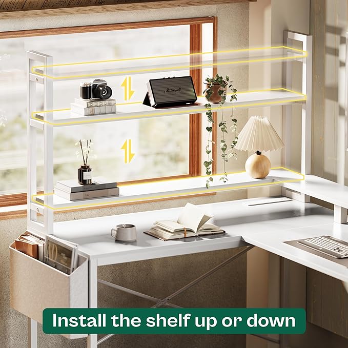 L Shaped Desk Gaming Desk with LED Lights & Power Outlets, Computer Desk with Storage Shelves, Corner Desk Home Office Desks for Bedroom, White - LeafyLoom