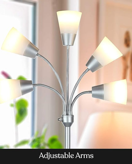 Brightech Medusa Modern LED Floor Lamp – Multi Head Floor Lamp for Living Rooms & Offices – Tall Lamp with Interchangeable Shade, Standing Lamp with 5 LED Bulbs for Hobbies - Silver - LeafyLoom
