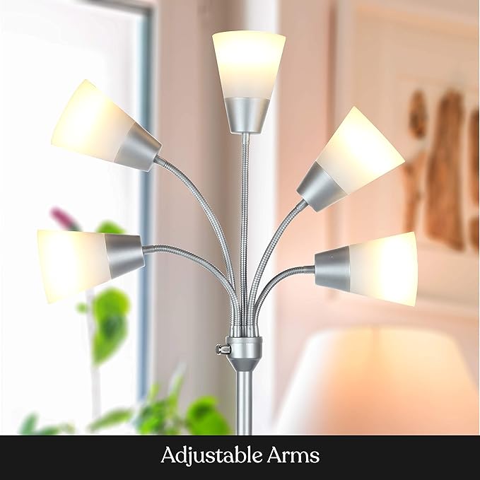 Brightech Medusa Modern LED Floor Lamp – Multi Head Floor Lamp for Living Rooms & Offices – Tall Lamp with Interchangeable Shade, Standing Lamp with 5 LED Bulbs for Hobbies - Silver - LeafyLoom