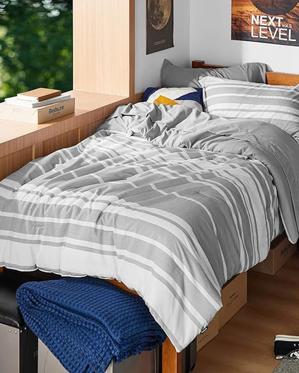 Bedsure Twin Comforter Set 5 Pieces, Gray White Striped Twin Bedding Sets All Season Bed Set, Twin Bed in a Bag with Comforter, Sheets, Pillowcase & Sham - LeafyLoom