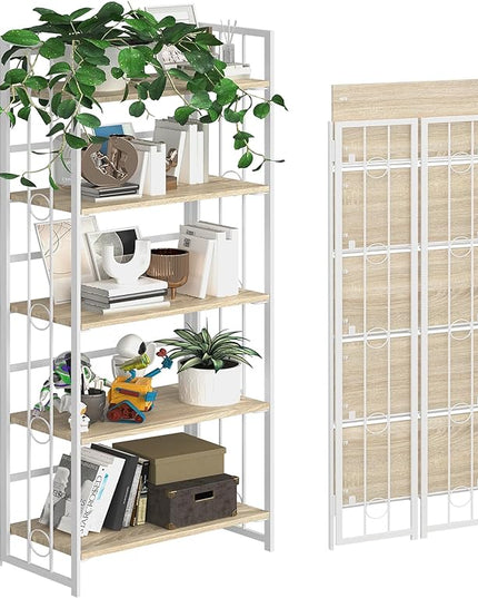 4NM No-Assembly 5 Tiers Folding Bookshelf Storage Shelves Vintage Bookcase Standing Racks Study Organizer Home Office - Natural and White - LeafyLoom