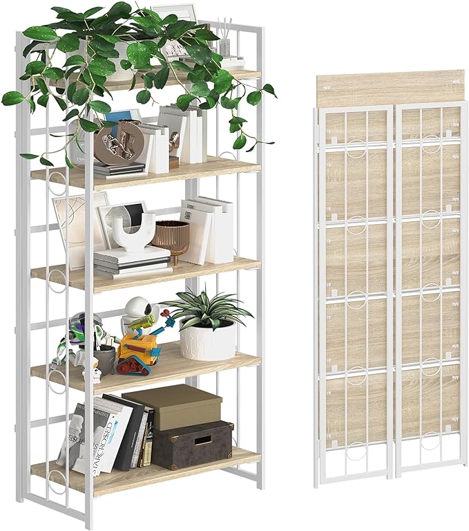 4NM No-Assembly 5 Tiers Folding Bookshelf Storage Shelves Vintage Bookcase Standing Racks Study Organizer Home Office - Natural and White - LeafyLoom