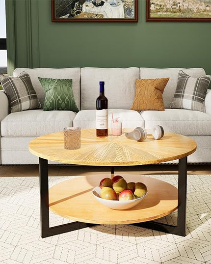 Round Coffee Tables for Living Room, 2 Tier Solid Wood Coffee Table with Storage, Modern Circle Coffee Table with Black Metal Legs, 33.5 x 17.8 inch, Natural Wood Color, KFZ-1338-OA - LeafyLoom