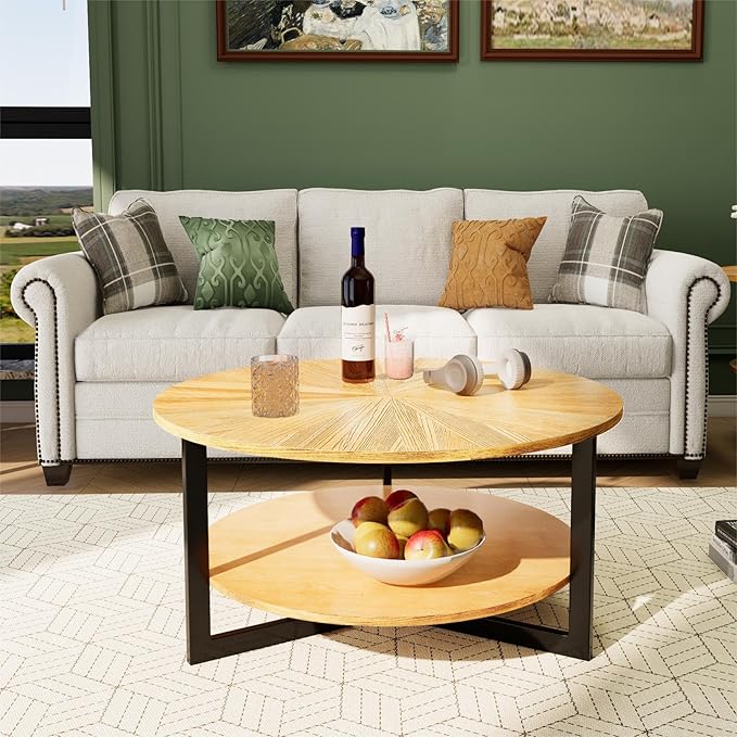 Round Coffee Tables for Living Room, 2 Tier Solid Wood Coffee Table with Storage, Modern Circle Coffee Table with Black Metal Legs, 33.5 x 17.8 inch, Natural Wood Color, KFZ-1338-OA - LeafyLoom