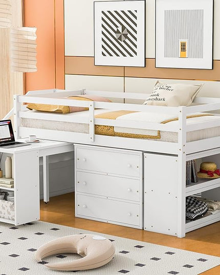 Loft Bed Frame, Twin Size Low Loft Bed with Storage Stairs, Shelves, Retractable Writing Desk and 3 Drawers, Wooden Twin Lofbed Frame for Kids Boys Girls Bedroom, Space-Saving Design, White - LeafyLoom