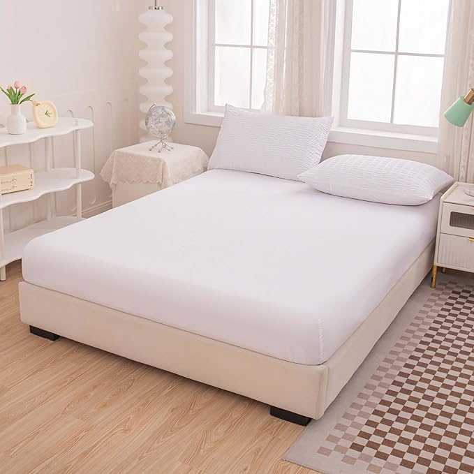 Seersucker Light White Bed Comforter Sets Queen Size for Women Boho White Seersucker Bedding Set 5 Pieces-Microfiber Lightweight Soft Bed Set for All Season,Queen - LeafyLoom