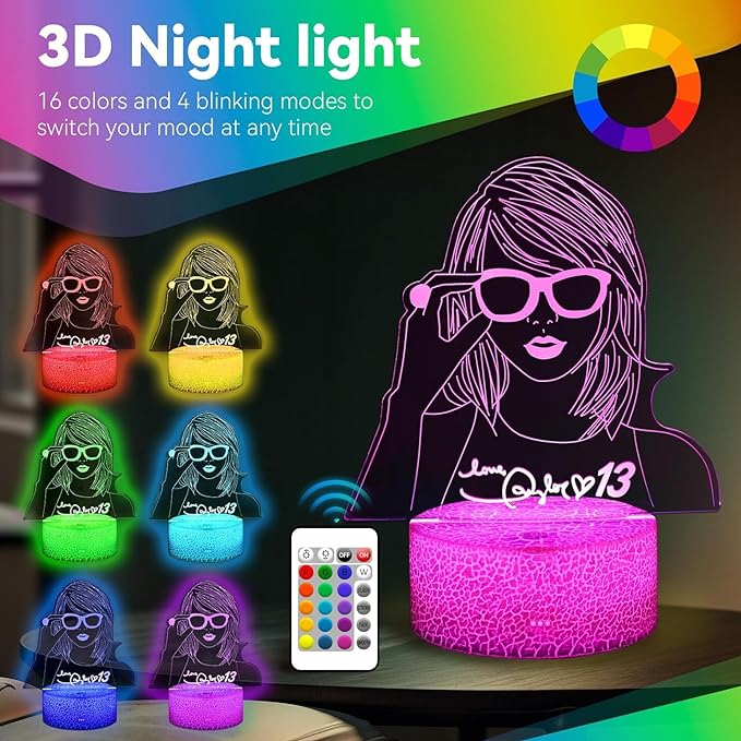 Taylor Cool Night Light：Gift 3D Night Light 16 Colors Changing LED Lamp Decoration for Girls Singer Albums Inspired Merchandise Gift Table Lamp for Party Birthday Festival Gifts - LeafyLoom