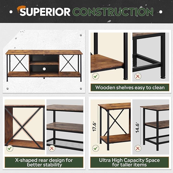 WLIVE TV Stand up to 65 Inch TV, 55" Entertainment Center, Industrial TV Console with Open Storage Shelf for Living Room and Bedroom, Rustic Brown - LeafyLoom