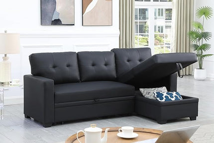 82" L Shaped Pull Out Couch Bed with Storage Chaise,Faux Leather Upholstered Convertible Sectional Sofa W/ 3 Removable Back Cushions for Living Room,Apartment,Office,Black - LeafyLoom