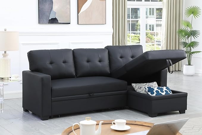 82" L Shaped Pull Out Couch Bed with Storage Chaise,Faux Leather Upholstered Convertible Sectional Sofa W/ 3 Removable Back Cushions for Living Room,Apartment,Office,Black - LeafyLoom