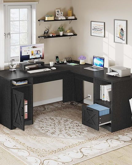 YITAHOME L Shaped Desk with Power Outlets, 60 Inch Computer Desk Corner Desk with File Drawer, Home Office Desk with Monitor Stand & Storage Shelves, L-Shaped Desk with File Cabinet, Black - LeafyLoom