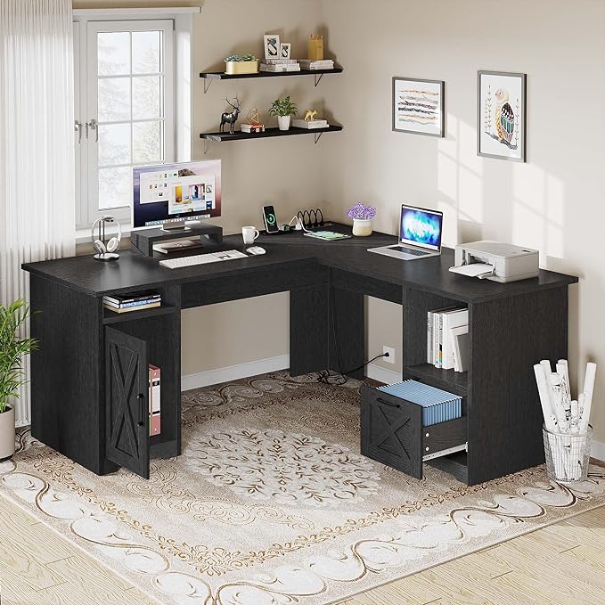 YITAHOME L Shaped Desk with Power Outlets, 60 Inch Computer Desk Corner Desk with File Drawer, Home Office Desk with Monitor Stand & Storage Shelves, L-Shaped Desk with File Cabinet, Black - LeafyLoom