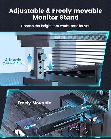 Gaming Desk, 47 inch L Shaped Gaming Desk, Computer Desk with LED Lights & Adjustable Stand, Power Outlets, Storage Drawer, Reversible Gaming Desk with Shelves, Hook, Black Carbon Fiber - LeafyLoom